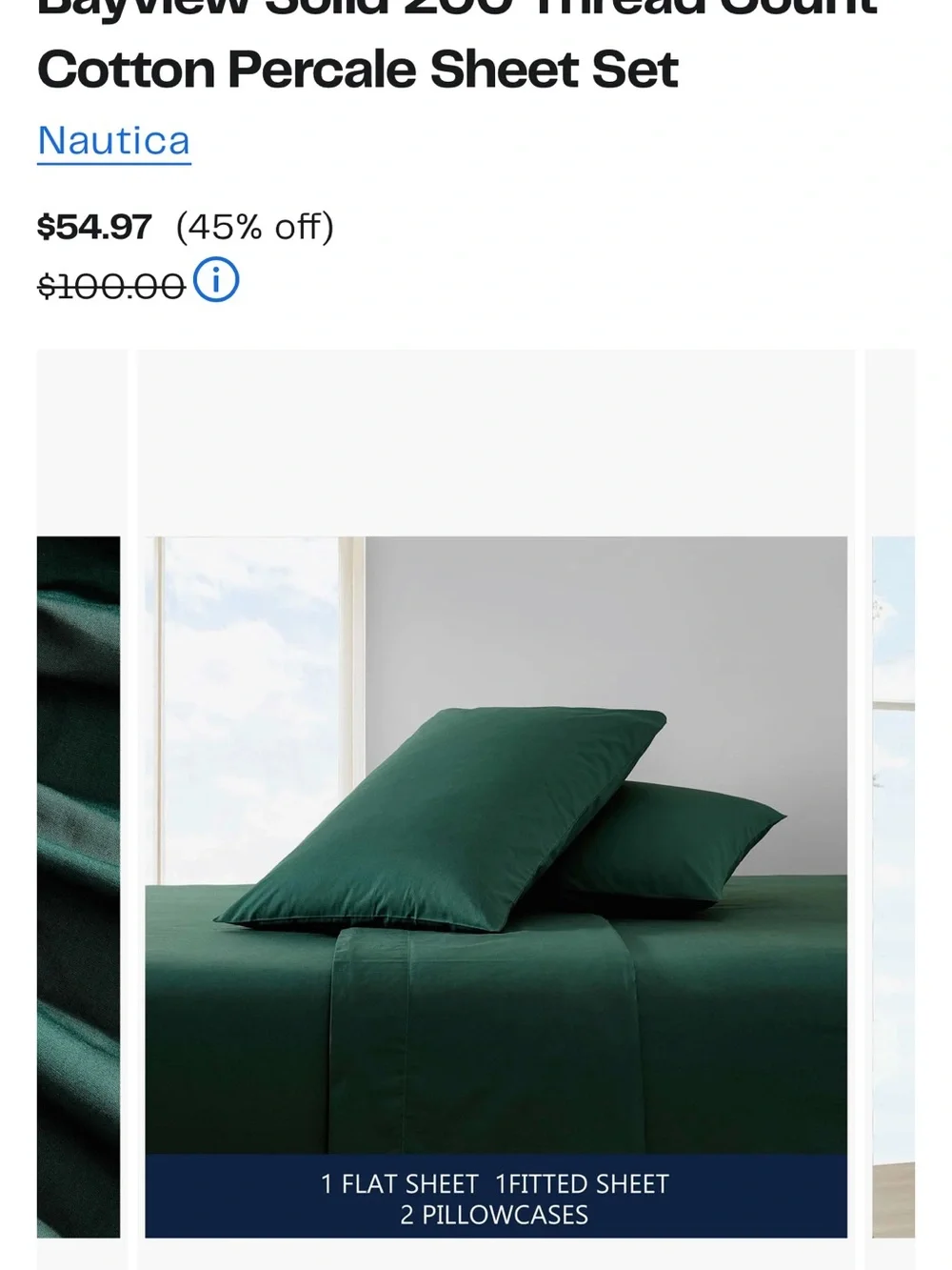 Nautica Bayview Solid Cotton Percale Sheet Set - Deep Green - TWIN
